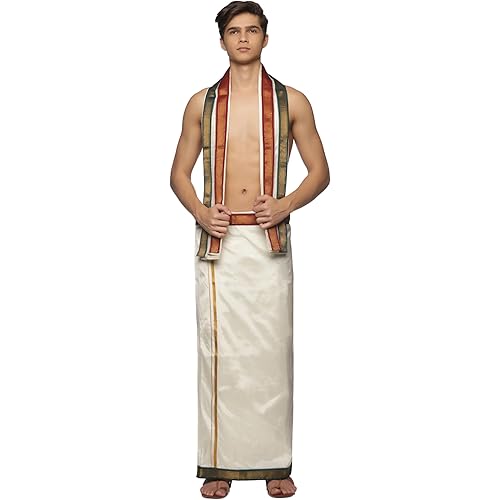 SETHUKRISHNA Men Cream Colour Art Silk Dhoti Angavastram Combo Set (CREAM) (ONE SIZE) (D685-T243)