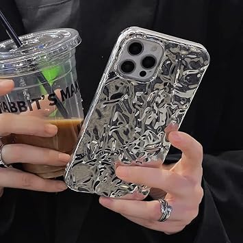 Compatible with iPhone 16 Pro Max Case, Tin Foil Pleated Luxury Designer Electroplated Silver Chrome Hearts Case for Silicone Slim Fit Soft TPU Case for iPhone 16 Pro Max(Silver)