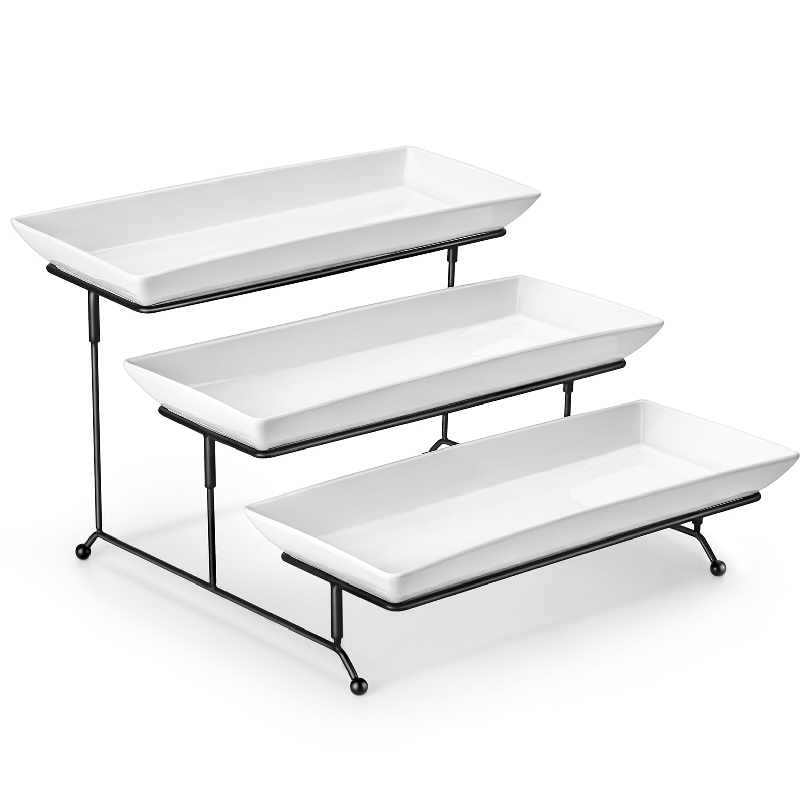 MALACASA 3 Tier Serving Platter, 14 Inch Porcelain Cake Stand with Black Mental Display Stand for Party Supplies, Ceramics Rectangular Serving Dishes for Dessert, Fruit, Cookies, Sushi, White
