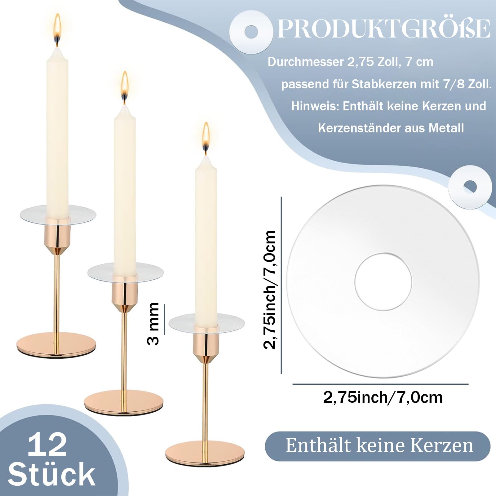 Ovaletta 12 Stück Klar Kerzen Tropfenfänger, Kerzen Tropfschutz für Stabkerzenhalter, Dekorative Tropfschutz Kerze Kommunion für Hochzeit Wohnzimmer, Weihnachten Kerzenständer (22x70mm)