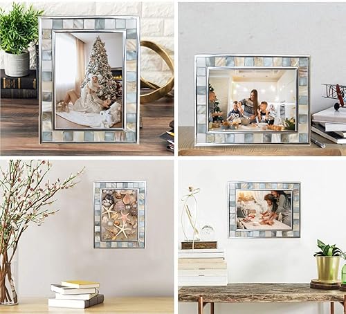 GIFTME 5 Silver Plate Picture Frame 5x7 Mother of Pearl 5 by 7 Photo Frame Mosaic Glass Tabletop Frame (Grey+ White,1pc)
