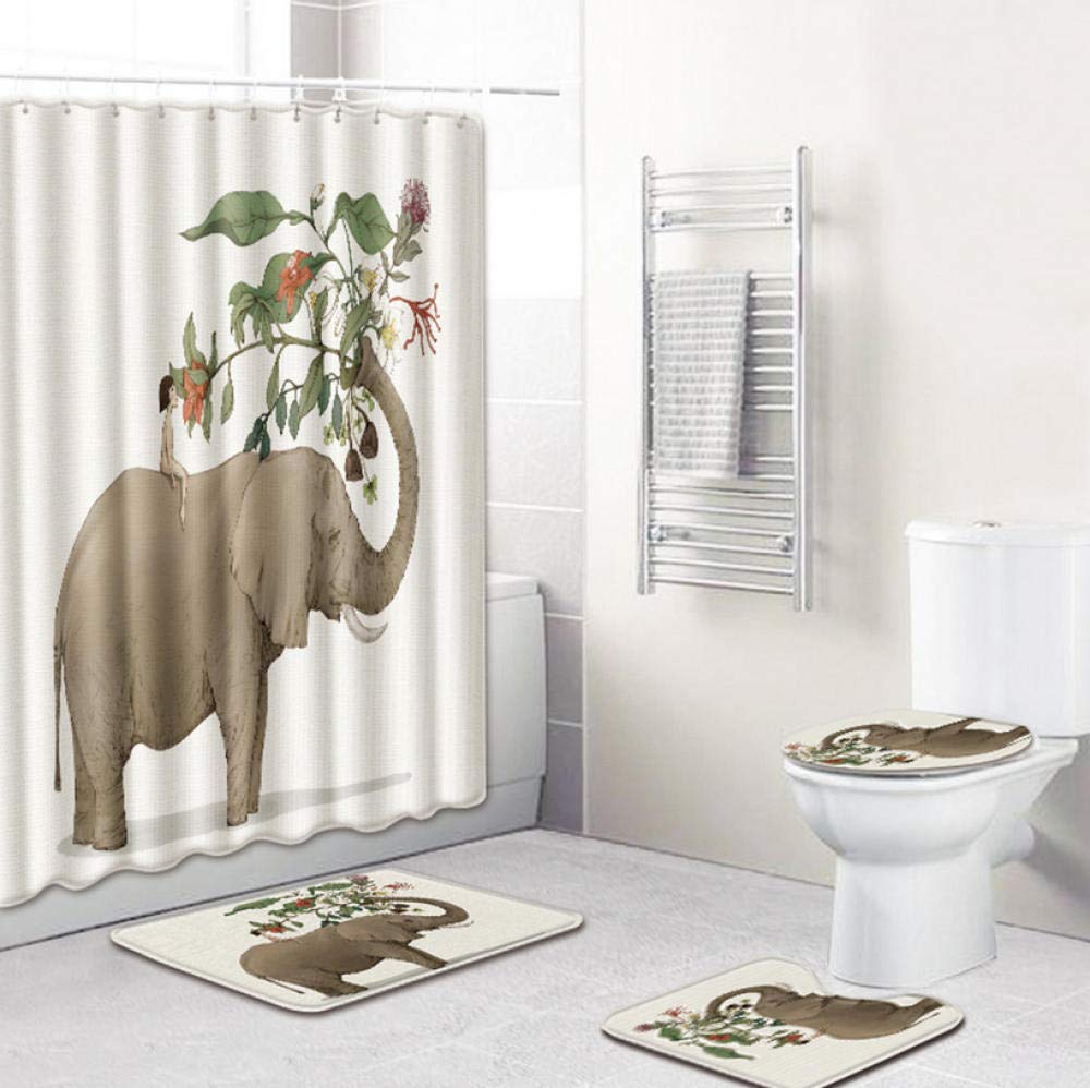 DHYWGS Elephant Printed Pattern Waterproof Shower Curtain Pedestal Rug Lid Toilet Cover Mat Non-slip Bath Mat Set Bathroom Supplies waterproof-180cm+45cm*75cmd