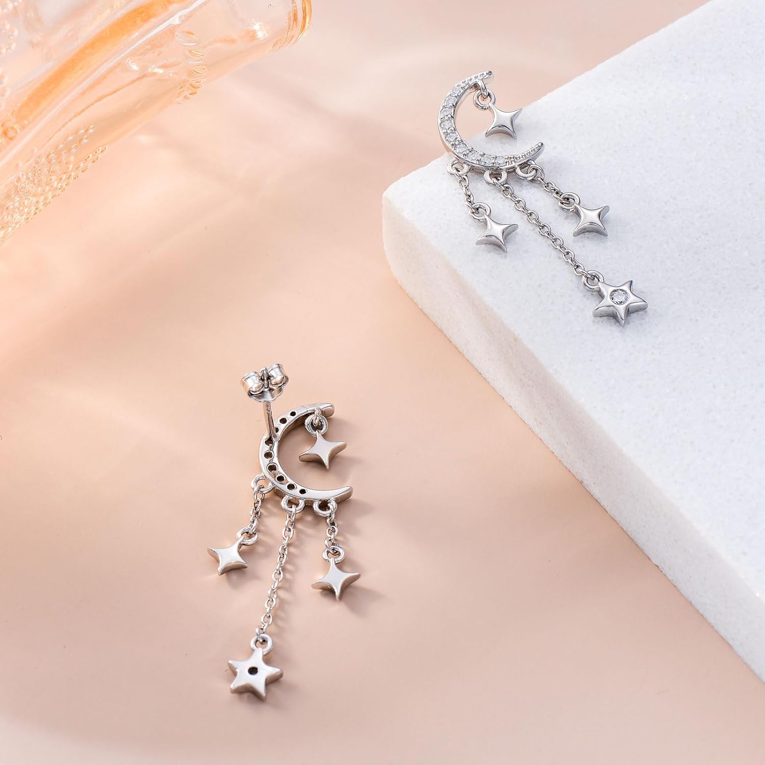 OHAYOO Sun Moon Star Earrings 925 Sterling Silver Celtic Knot Stud Earrings with Cubic Zirconia, Moonstone & Turquoise, Tassel Dangle Earrings for Women
