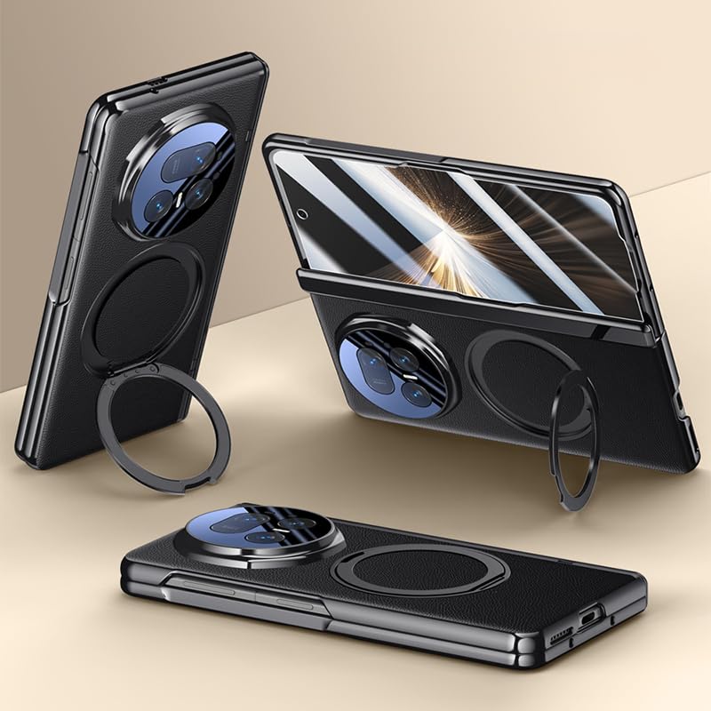 Coque Honor Magic V5 en cuir avec anneau rotatif et protection charnière noir