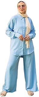 بينكي طقم صيفي كامل للنساء مكون من بلوزة وبنطلون بارجل واسعة (ازرق فاتح، مقاس M-L)