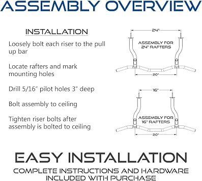 Ceiling Mount Pull Up Bar with Reversible Risers for 16 and 24 Inch Joists with Optimum Grip Spacing by Ultimate Body Press