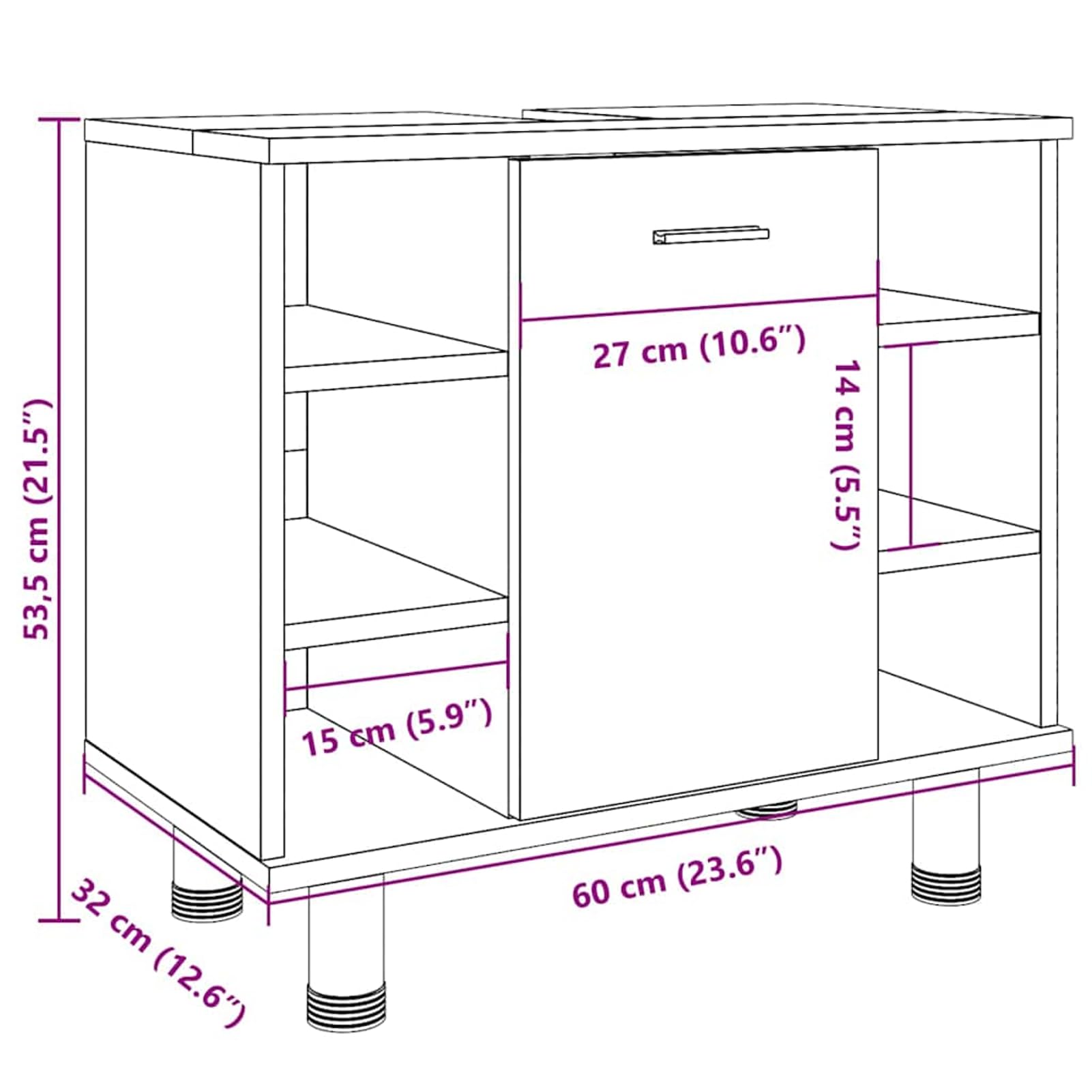 ATOMSTACK MAKER Mueble de baño Artisan, roble 60 x 32 x 53,5 cm, con 7 compartimentos y puerta, resistente a la humedad, armario de madera para un almacenamiento ordenado del baño, incluye soporte de