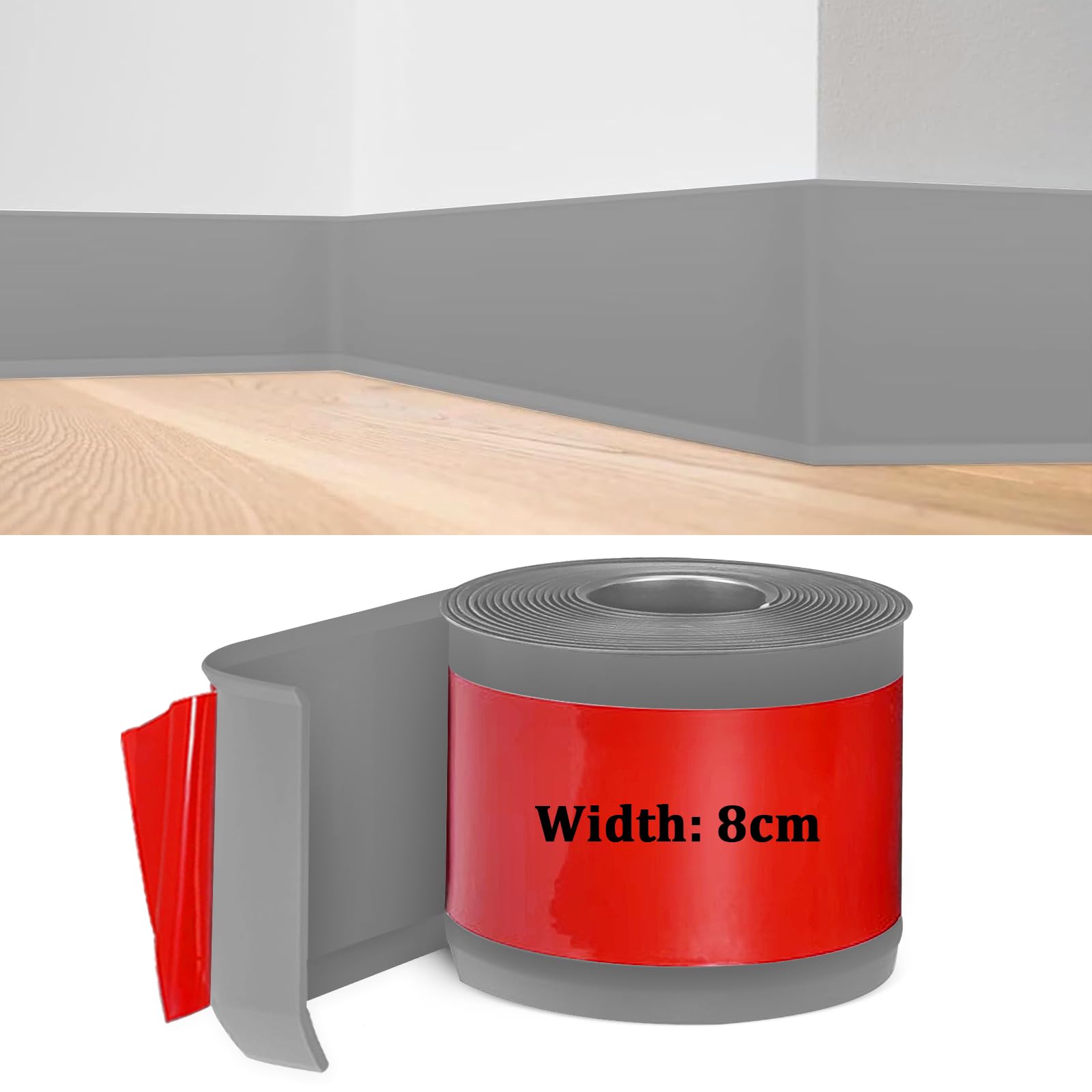 Battiscopa in PVC, Battiscopa Grigio 8 cm x 5 metri, Battiscopa Adesivo Binario di Transizione del Gap nel Muro, Battiscopa Decorativi, Battiscopa PVC per Cucina, Bagno, Soggiorno