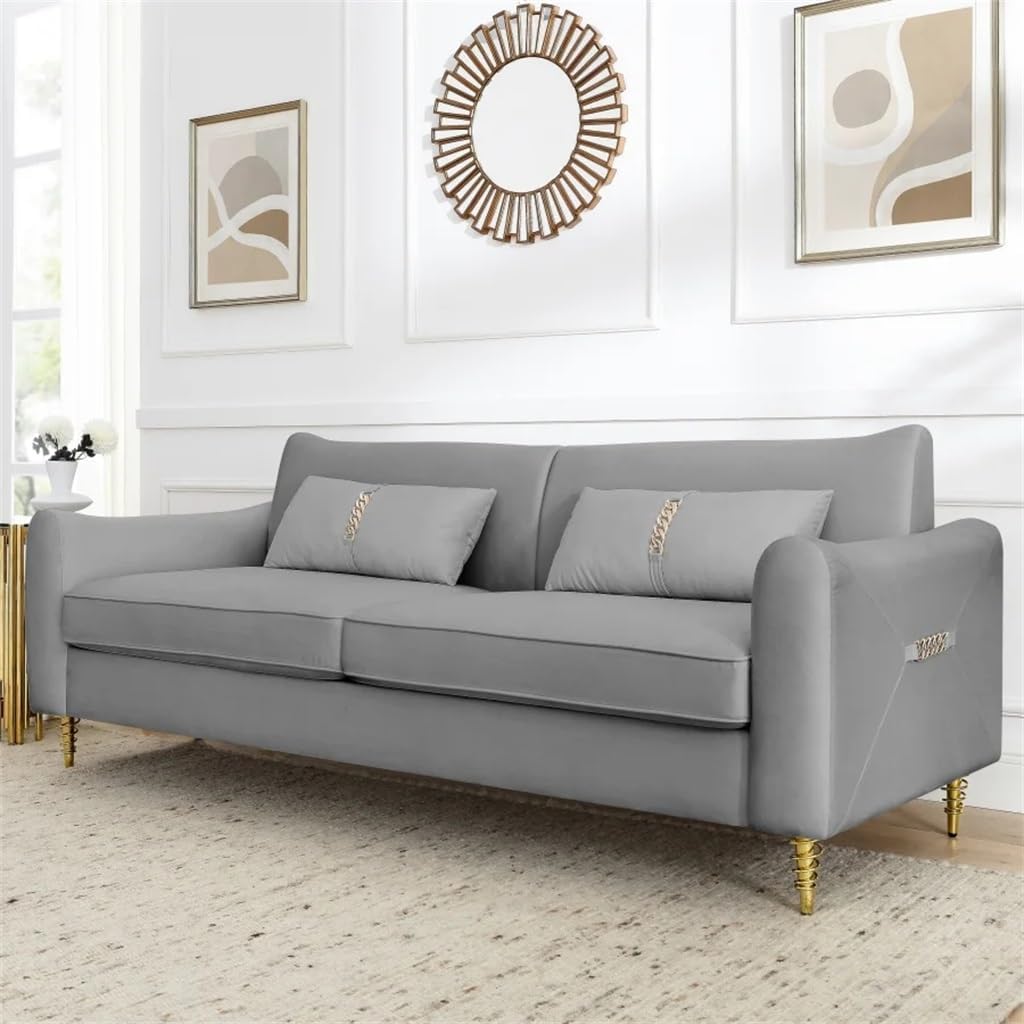 Velvet Long Couch 80.3'',Grey Tufted Back Comfy Upholstered Sofa Golden Legs for Living Room, Bedroom,Office