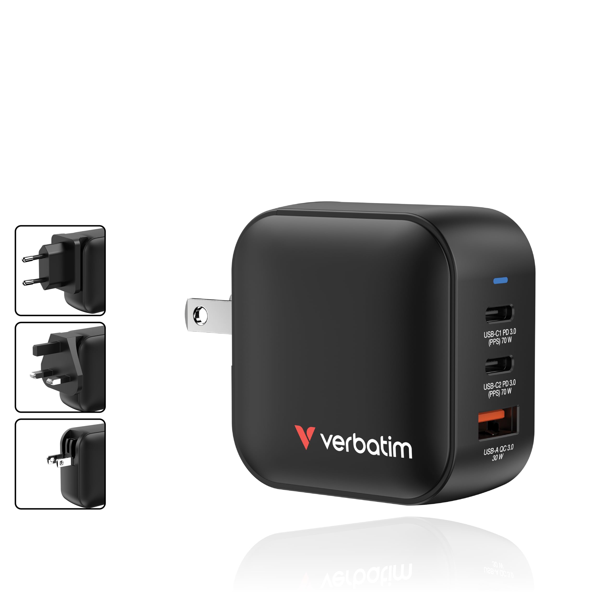 Verbatim Mini GaN Charger 70 W, 3 porty USB-C ładowarka z 2 x USB-C i 1 x USB-A, szybka ładowarka jako wtyczka wielokrotna, do Apple iPad, iPhone, Samsung & Co, do UE, UK, USA