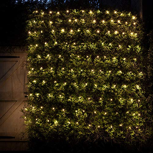 Lights4fun 2 x 2m Outdoor Net Light with 140 Warm White LEDs on Green Cable – Plug-in with 8 Modes & Timer – IP44 Rated for Garden, Trees, Bushes, Fences, and Walls
