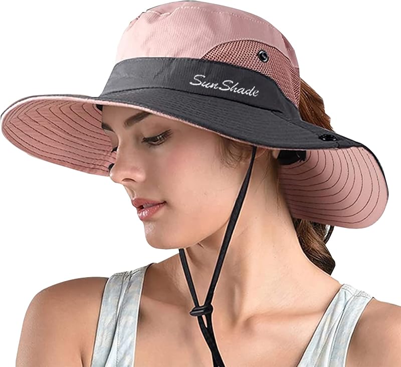 Sombrero de Sol Safari con Cola de Caballo para Mujer, Sombrero de Cubo con protección UV de ala Ancha | Sombrero de pesca plegable,Sombreros de verano,Malla de ventilación,Transpirable,Banda suave para el sudor,Viajes, Verano, Senderismo, Jardinería, Playa, Al aire libre