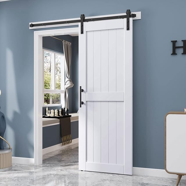 EaseLife 32in x 84in Sliding Barn Door with 5.5FT Barn Door Hardware Track Kit Included,Solid LVL Wood Slab Covered with Water-Proof & Scratch-Resistant PVC Surface,DIY Assembly,Easy Install,White
