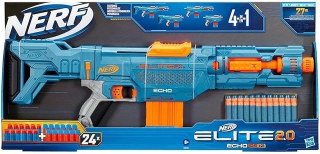 Wyrzutnia Nerf Elite 2.0 Echo CS-10-24 oryginalne strzałki Nerf, 10-strzałkowy magazynek, zdejmowana kolba, przedłużenie lufy, 4 szyny na akcesoria.