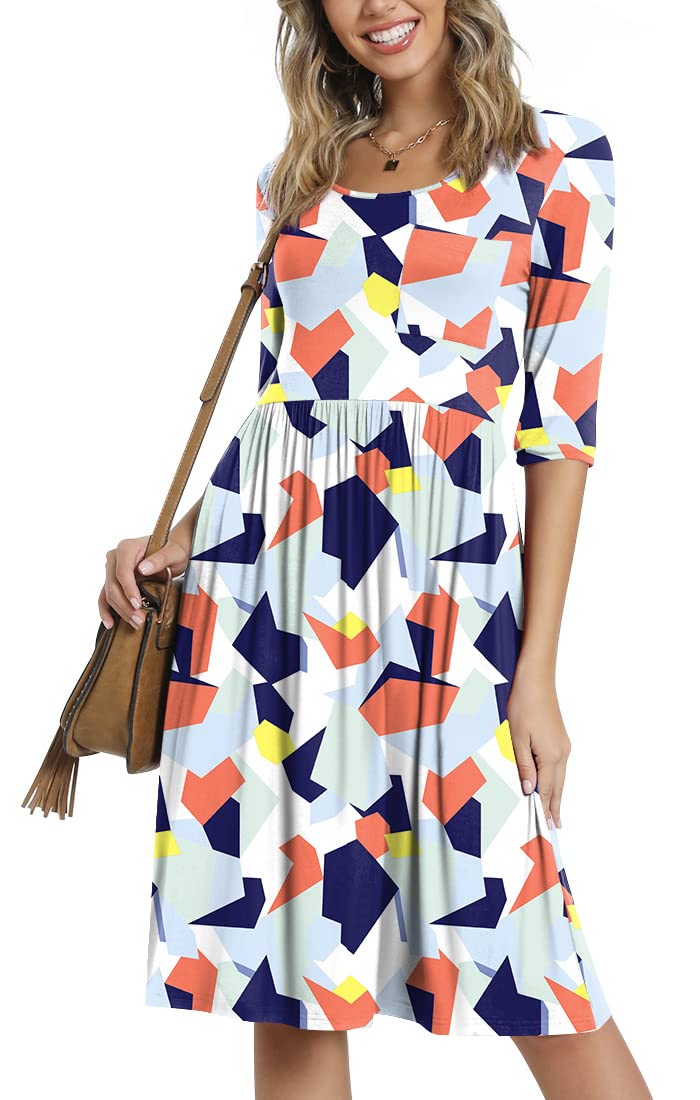 CATHY Women's 3/4 Sleeve 2026 Casual High Waist Round Neck Midi Dress with Pockets