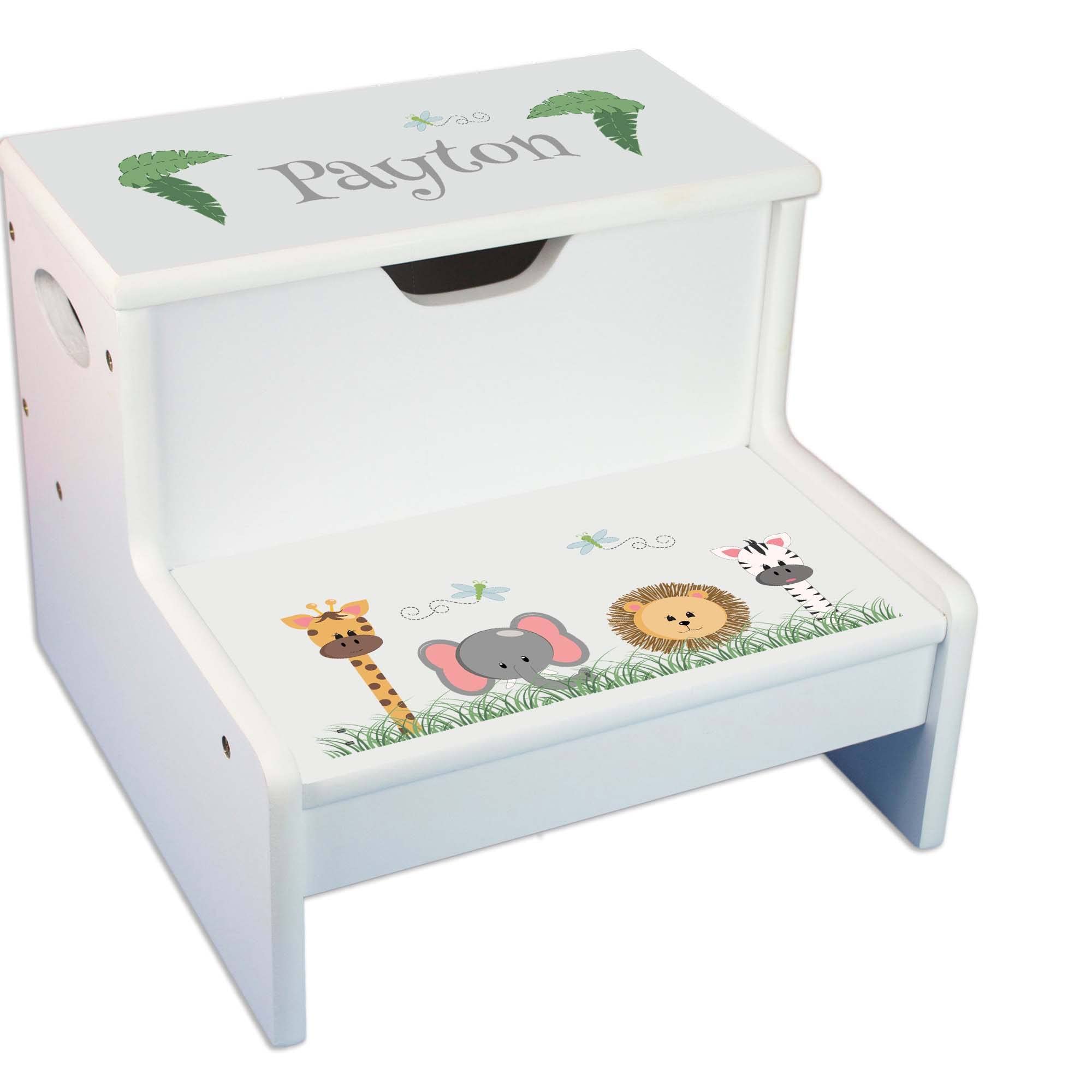 Personalized Safari Animals White Storage Step Stool