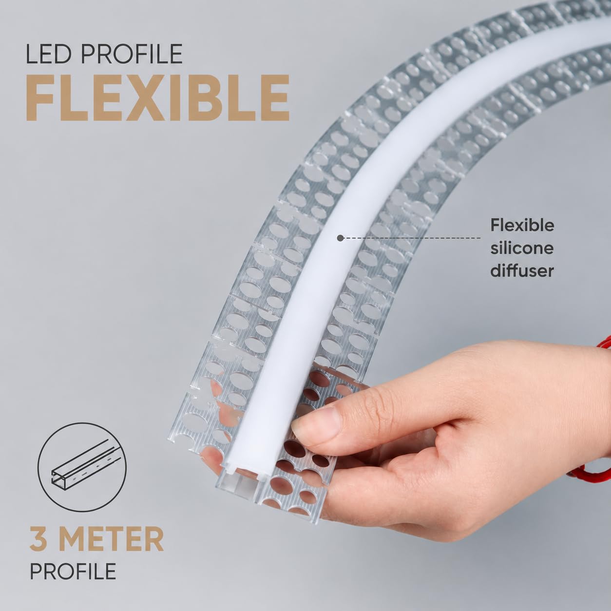 Jandei – 3 metri di profilo in alluminio flessibile per l'integrazione di strisce LED su superfici in gesso o cartongesso, installazione a incasso. Include diffusore in silicone