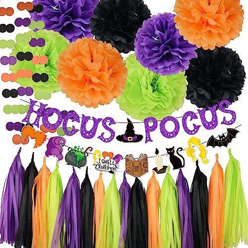 Halloween Party Decorations - Hocus Pocus Themed Trunk Or Treat Car Decorations Kit for SUV Hocus Pocus Spell Book Cat Witch Sister Banner Orange Black Purple Green Tissue Paper Pom Pom