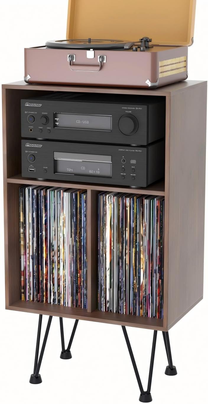 Record Player Stand, Turntable Stand Vinyl Record Storage Cabinet with Metal Legs, End Table Holds Up to 120 Albums for Living Room, Bedroom, Office (Walnut Color)