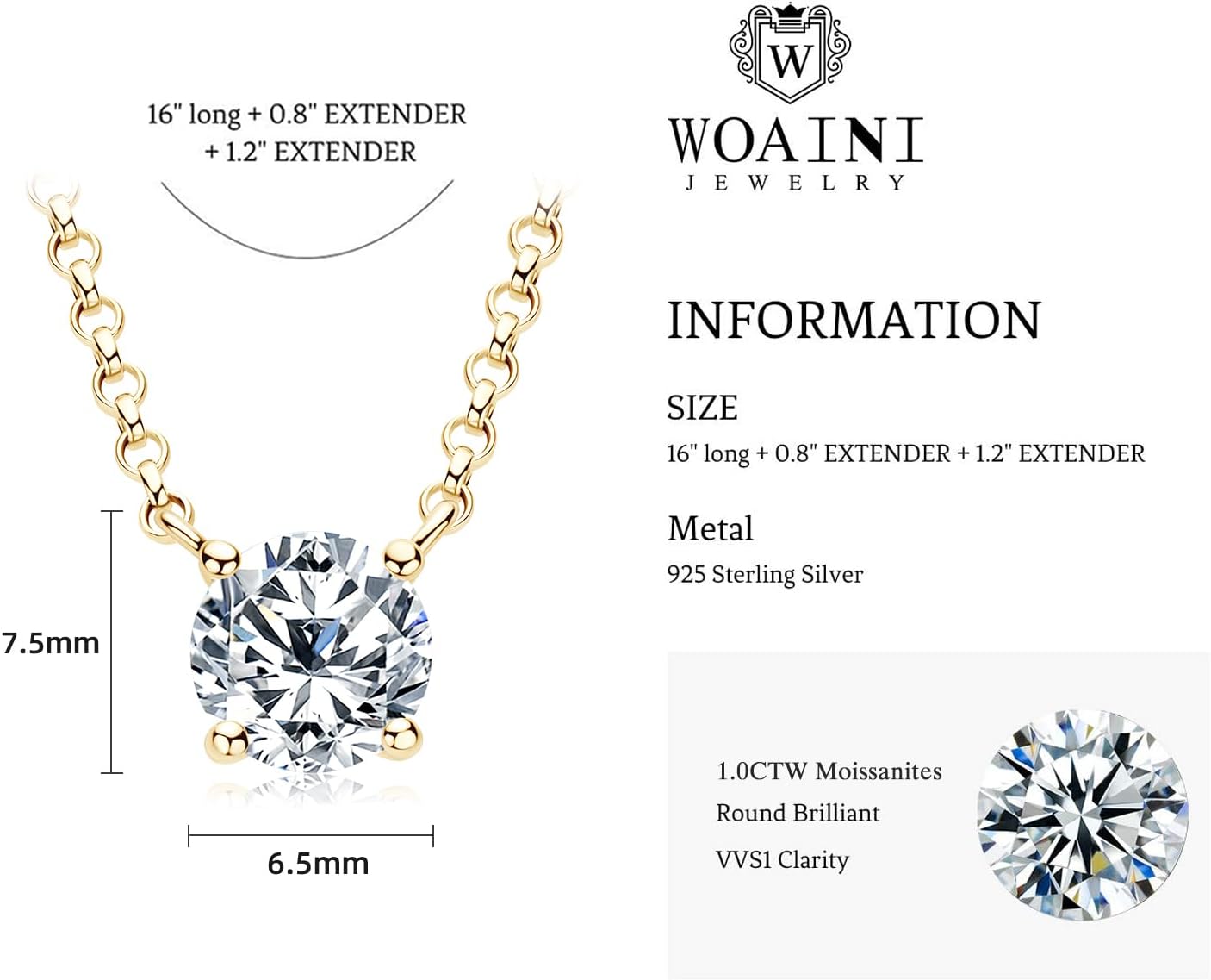 WOAINI 1/2/3 Carat Moissanite Solitaire Pendant Necklace in 925 Sterling Silver, Adjustable Necklaces Pendant Prong-Set with Moissanite, 16"+2", Jewelry Gift for Women - Image 5