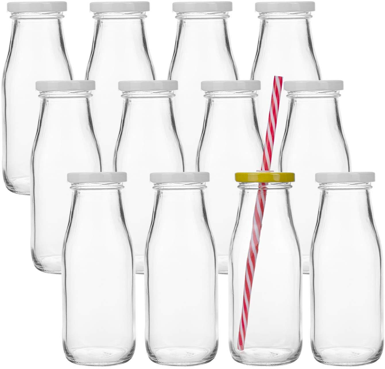 Lawei - 12 Smoothie Botella Botellas de Cristal Botellas de Cristal vacías con 12 Pajitas 12 Tapas Metálicas Blancas y 12 Tapas Amarillas con Agujero - 325 ml