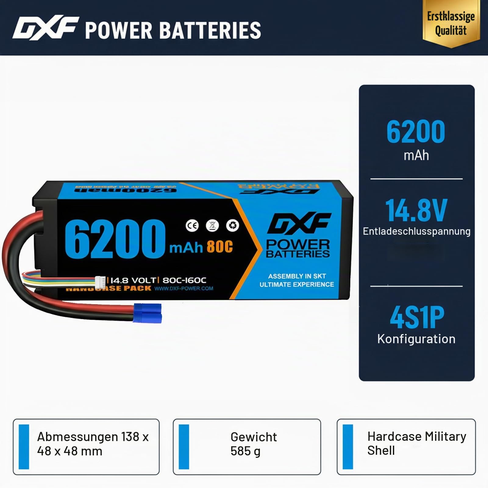 DXF 2 Packungen 4S LiPo Akku 14.8V 6200mAh 80C mit EC5 Stecker Hochleistungs für 1:8 1:10 RC Auto Kraft Lange Laufzeit Hohe Leistung Weit Verbreitet Ideal Perfekt