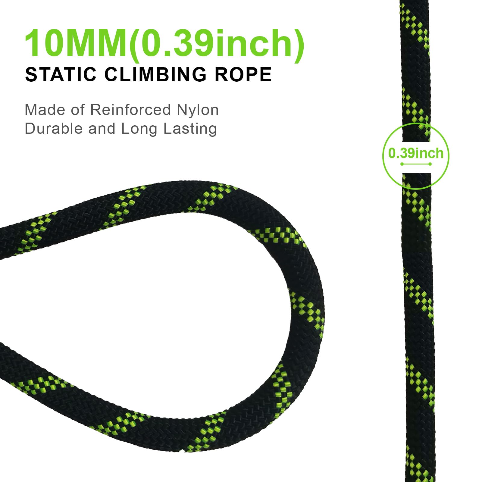 40m Cuerda Estatica de Escalada 10mm para Montanismo, UIAA | Nylon de alta resistencia, resistente a la abrasión y UV,Negro fluorescente, para rescate y actividades al aire libre.