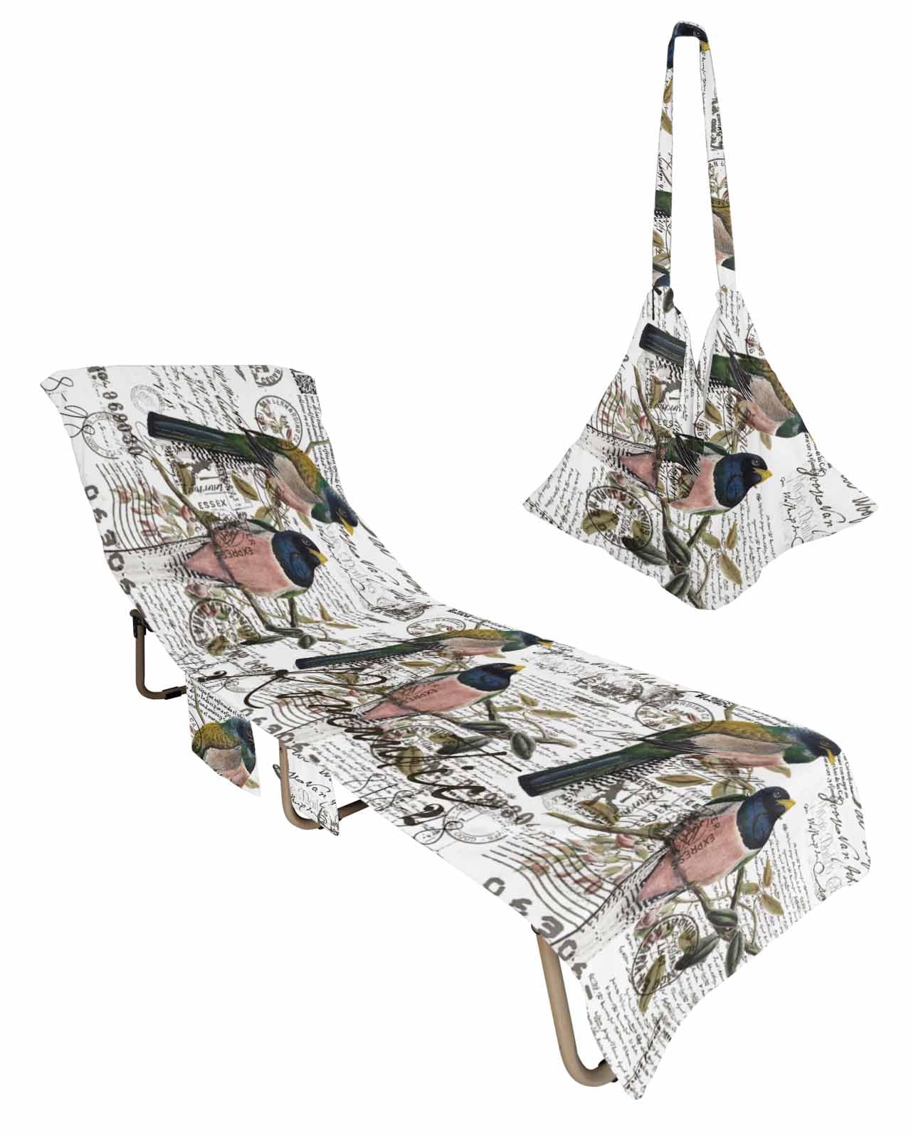 Old Newspaper Beach Lounge Chair Towel Cover, Soft Chaise Lounge Towel with Side Pockets Patio Pool Chairs Cover for Beach/Pool Sunbathing 29x85 Animal Birds Antique English Newsprint