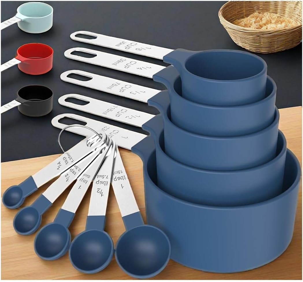 10Pcs Measuring Cups & Spoons Set, Stackable Cups and Spoons, Nesting Measure Cups with Stainless Steel Handle, Kitchen Gadgets for Cooking & Baking (Blue)