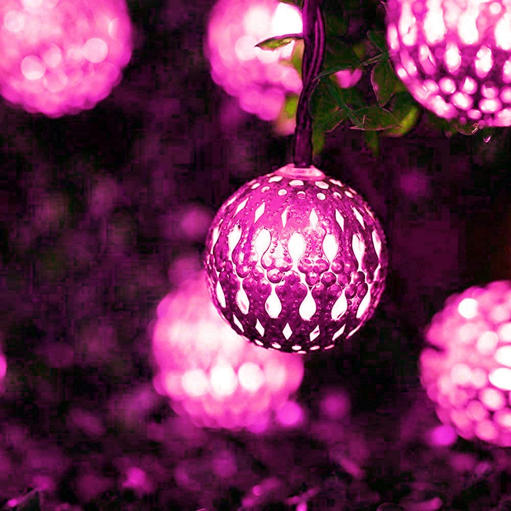 HULA Moroccan String Light, 3.5m 12LED Solar Moroccan Ball Outdoor String Lights Solar Metal Ball Lights Waterproof for Garden (Pink)