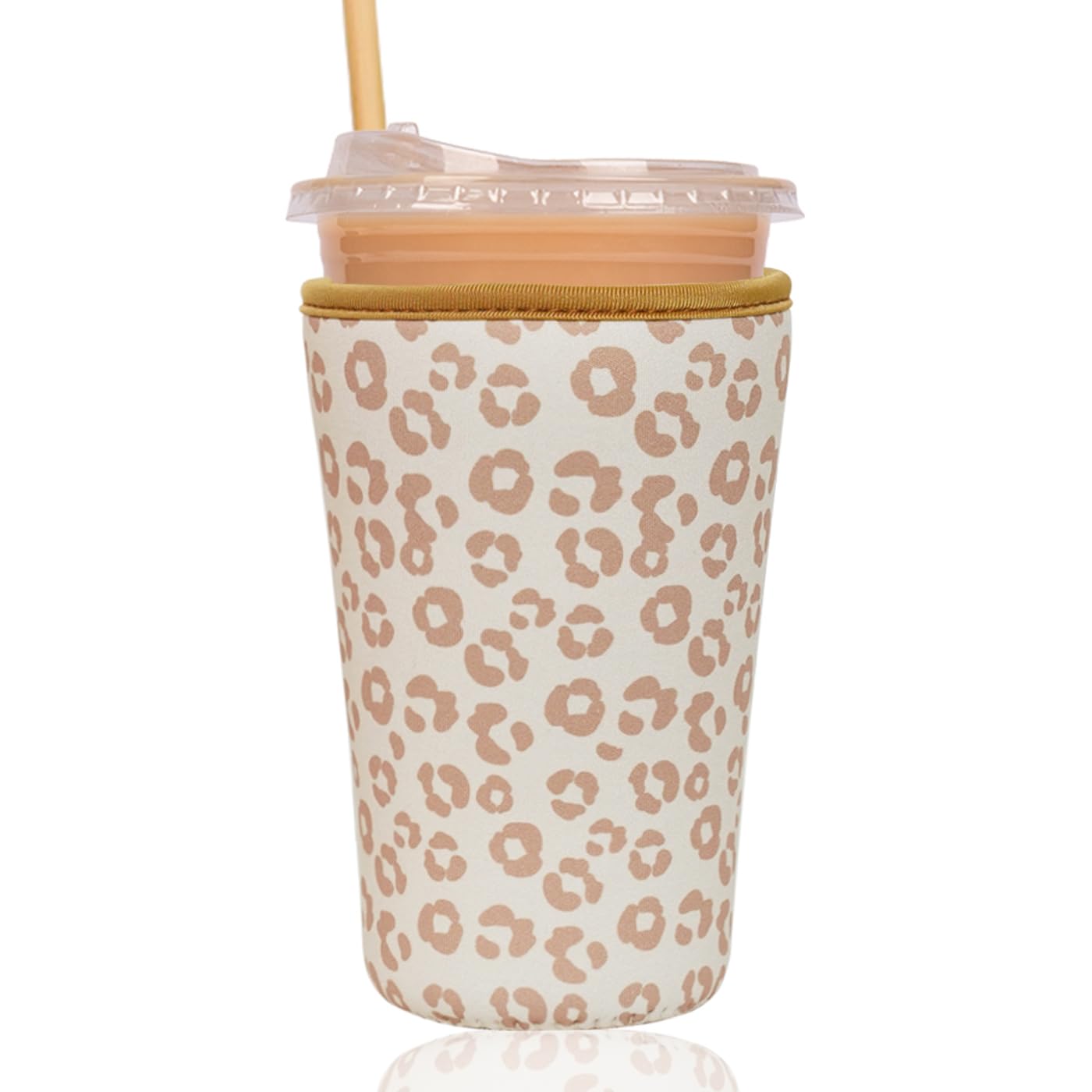 Reusable Insulated Sleeve for Iced Coffee Cup, Coffee Neoprene Sleeve for Cold &amp; Hot Drinks, Beverage Holder for Iced Coffee (Leopard Grace, Large: 32oz)