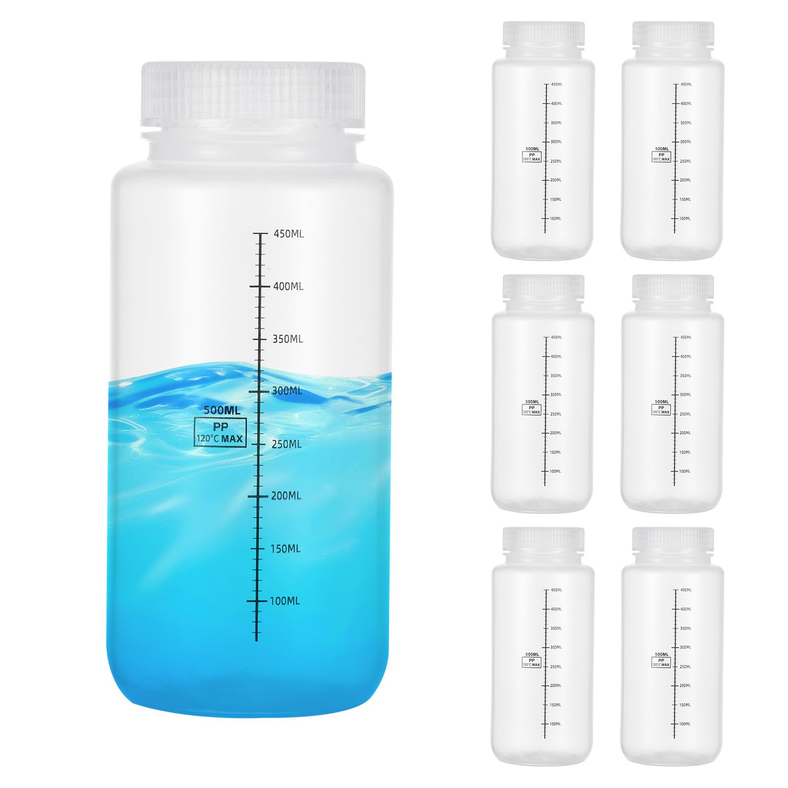 PATIKIL 6 Pcs Botellas De Muestra De Plástico Con Tapa Roscada, 17 oz 500ml Bote De Reactivo De Boca Ancha Contenedores De Muestra Transparentes De PP Con Tapa, Transparente
