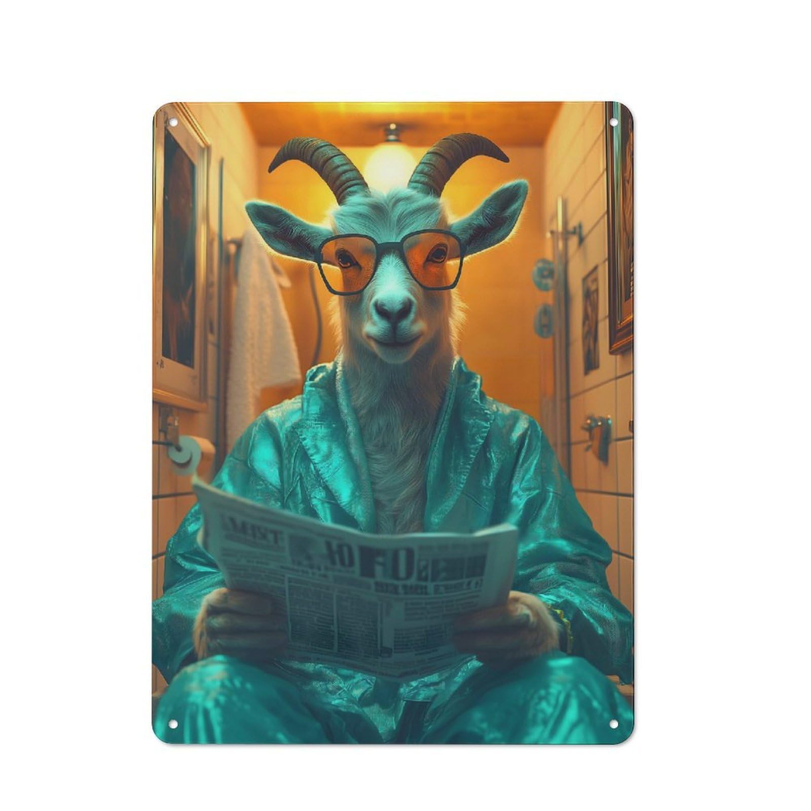 Junmoney Goat In A Bathroom Retro Metal Plaque 40X30cm Featuring For Garage Wall, A Winter Wall Decor Update For Workshop Decor Fans