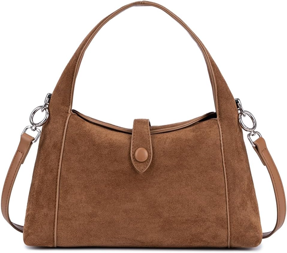 Suede Shoulder Bag for Women, Vintage Half-Moon Hobo Tote Handbag, Soft Suede Crossbody Purse with Detachable Strap