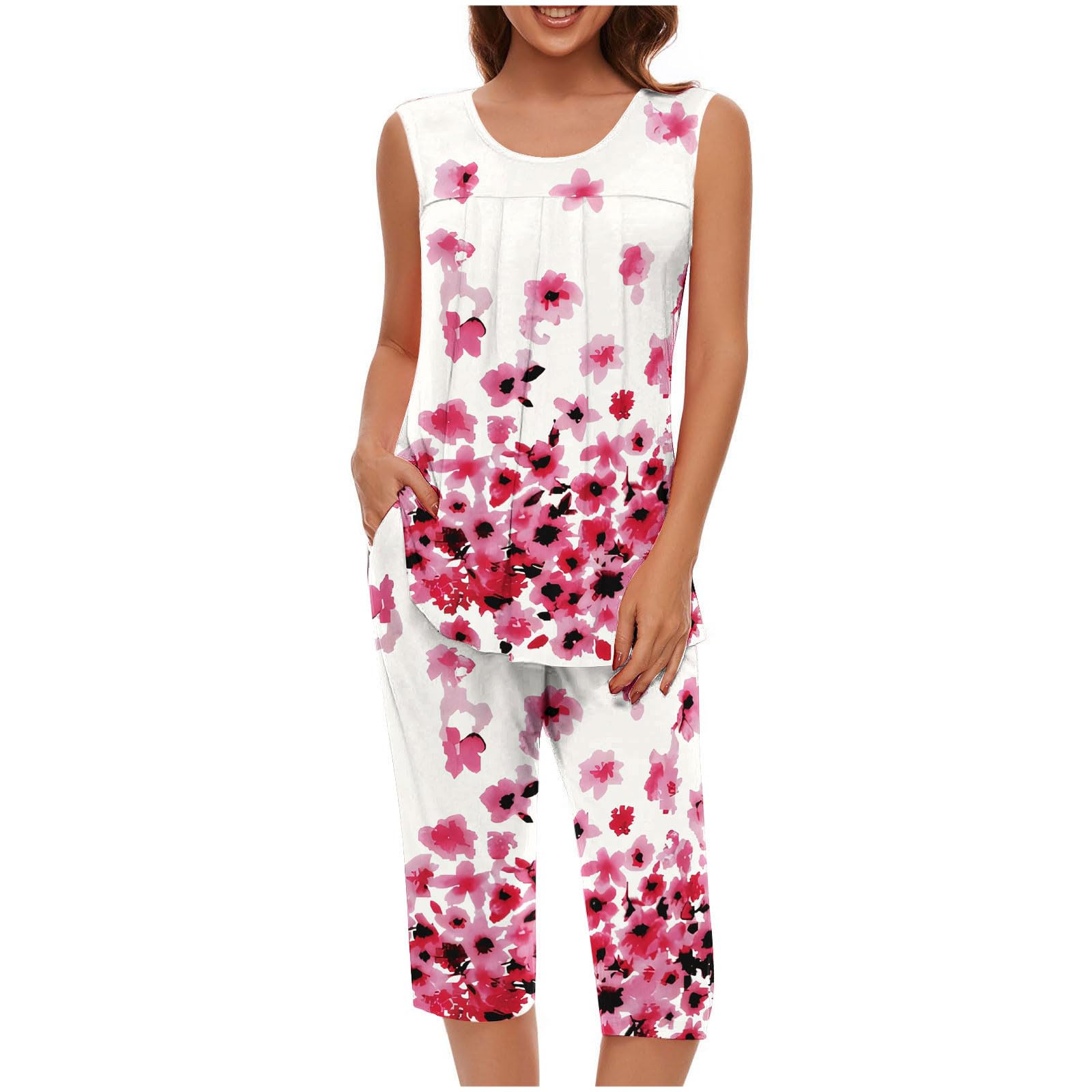 Pajama Sets for Women Summer Plus Size Lounge Sleepwear Loose Sleeveless Tops Printed Bermuda Shorts with Pockets — view 14