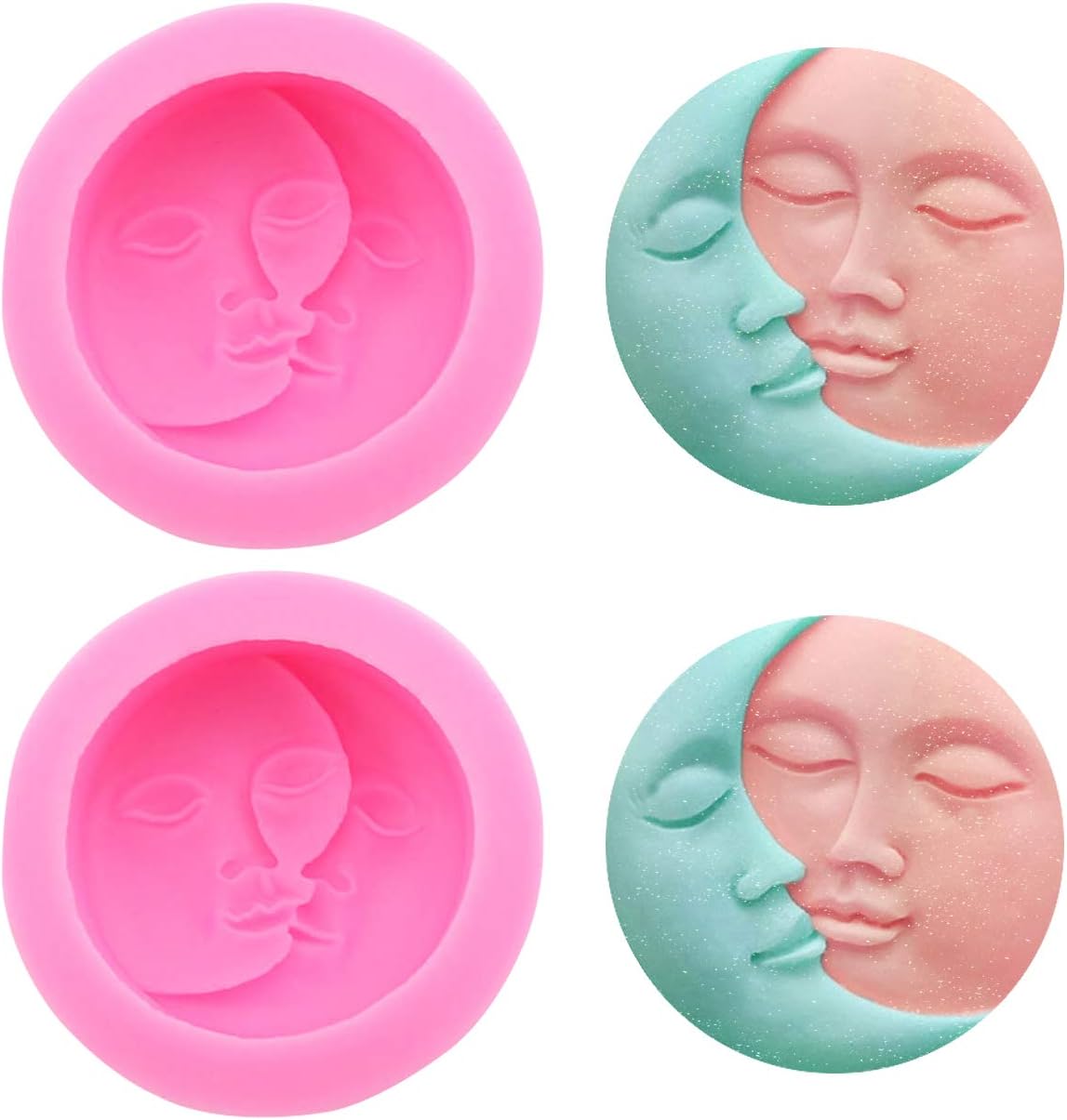 2 Pack Silicone Soap Molds, Sun & Moon Face Silicone Molds for Soap Making, DIY, Handmade Bath Bomb, Lotion Bar, Polymer Clay, Wax, Crayon (Pink)