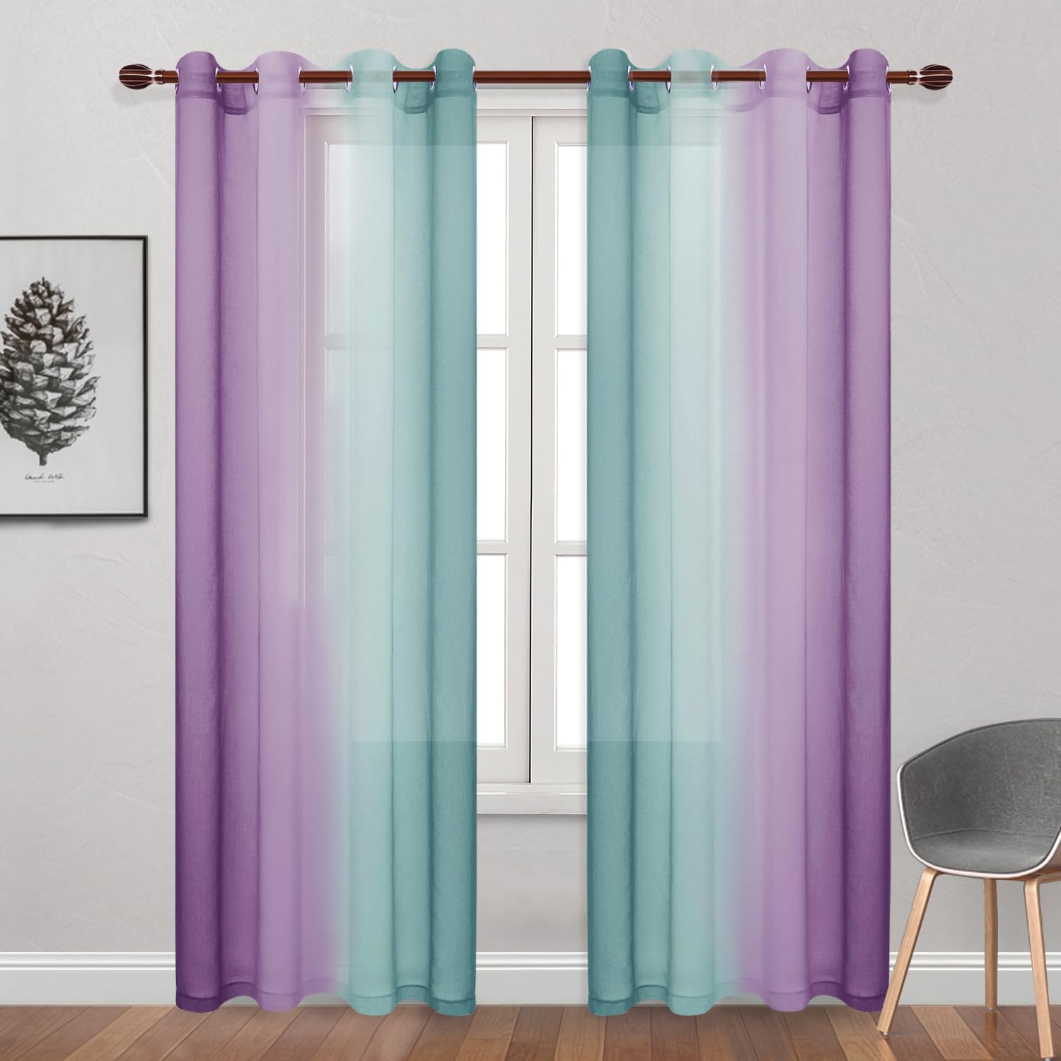 DWCN Ombre Sheer Curtains - Faux Linen Semi Voile Grommet Top Gradient Curtains for Bedroom and Living Room, Set of 2 Window Curtain Panels, 52 x 84 Inch Length（Teal and Purple