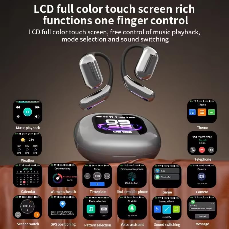 Detailed display of the KESIEME charging case touch screen interface showing various functions like music playback, weather, timer, mode selection, cycle tracking, phone finder, themes, calls, camera, games, sound effects, and messages.