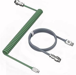 MAMBASNAKE C01 Coiled Keyboard Cable, Pro Custom USB-C Aviator Cable for Mechanical Keyboard, Type-C to USB-A, TPU Spring Cable with Detachable Metal Aviation Connector for Gaming Keyboard-Green/Grey