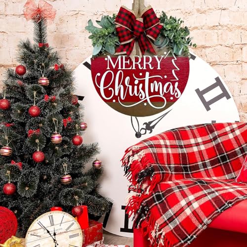 Image of Merry Christmas Wreath Hanging Sign for Front Door, Wooden Welcome Wreaths Sign with Bow for Holiday Rustic Farmhouse Outdoor Wall Window Decor (Merry Christmas)
