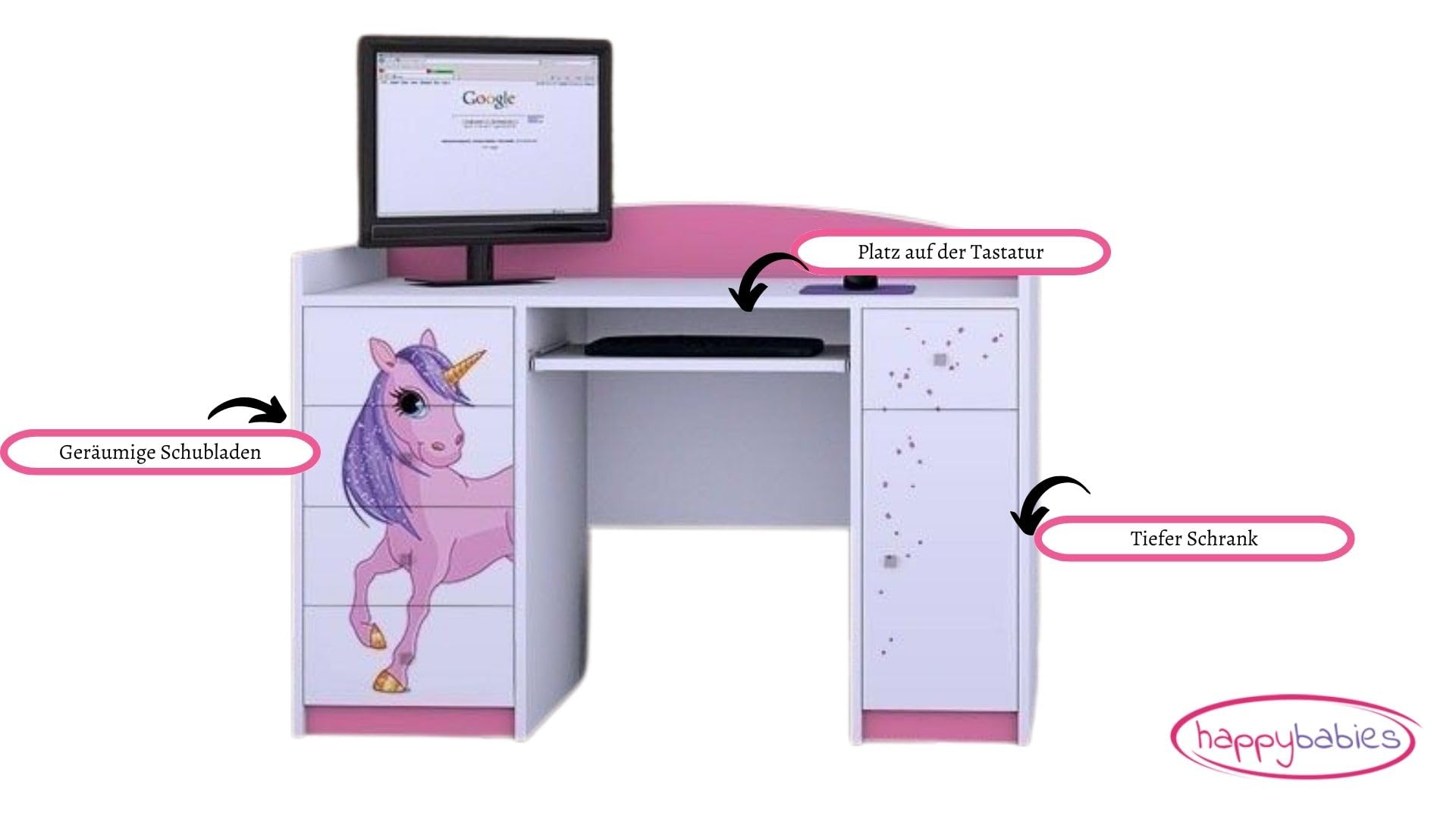 Happy Babies Schreibtisch für Kinderzimmer 125x89x60 weiß Rosa Büro PC-Schreibtisch mit Tastaturablage Computertisch mit Schubladen Muster Einhorn