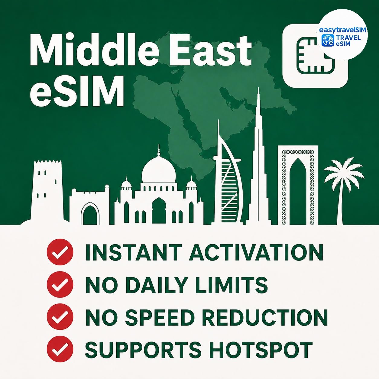 Middle East eSIM 10 Countries High Speed Data Supports Hotspot 30 Days 3-20GB Email Delivery, 15GB for 30 Days