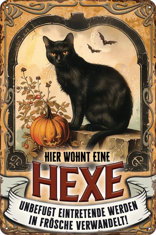 Retro Blechschild für Hexen Fans, HIER WOHNT EINE HEXE, ...werden in Frösche verwandelt! Lustiger Spruch, Warnhinweis, Deko Schild, 20 x 30 cm (Katze)