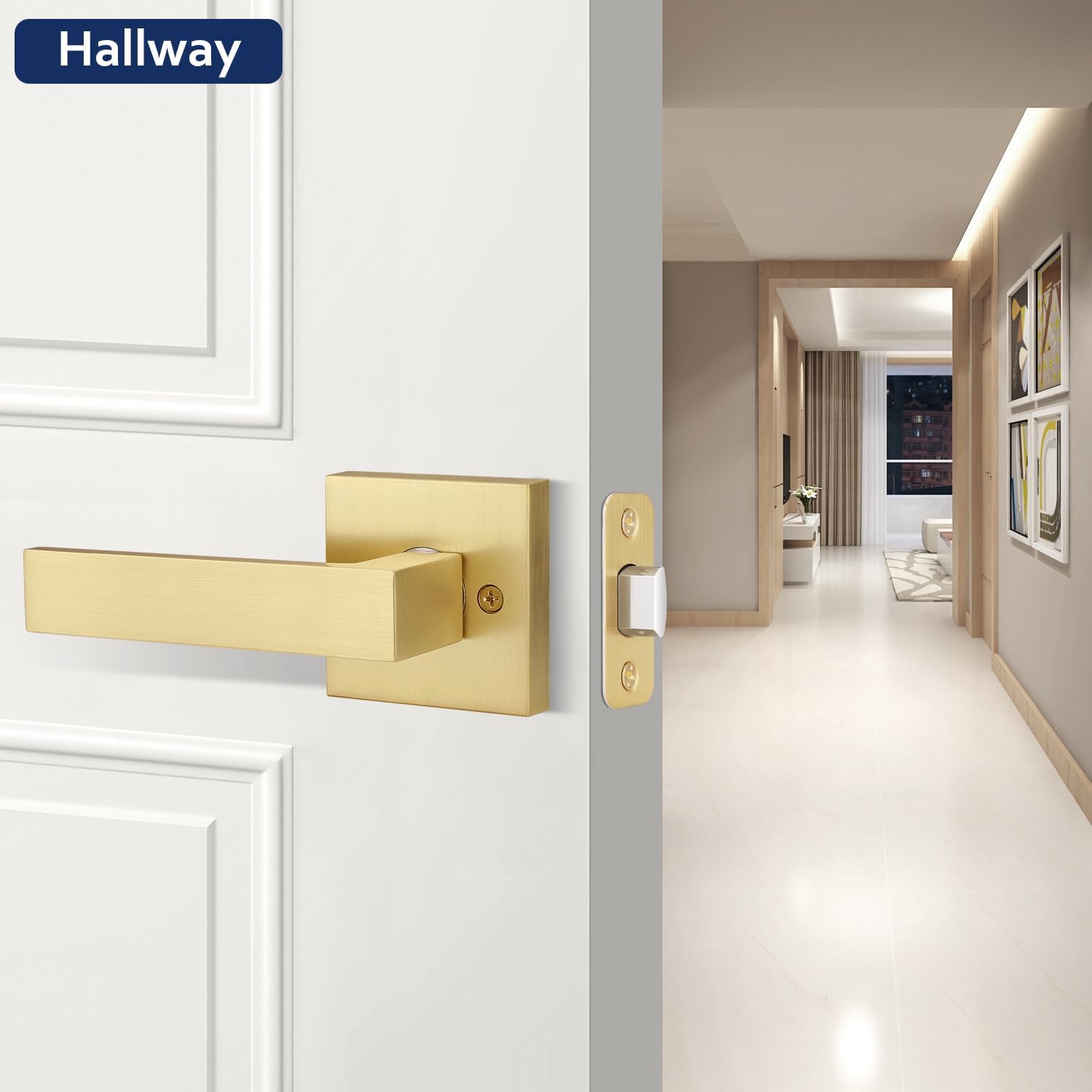1 Pack Gold Door Handles Interior, Closet Door Knobs No Lock, Keyless Passage Door Knob, Square Hallway Door Lever, Reversible for Left & Right Hand Doors, Satin Brass Finish