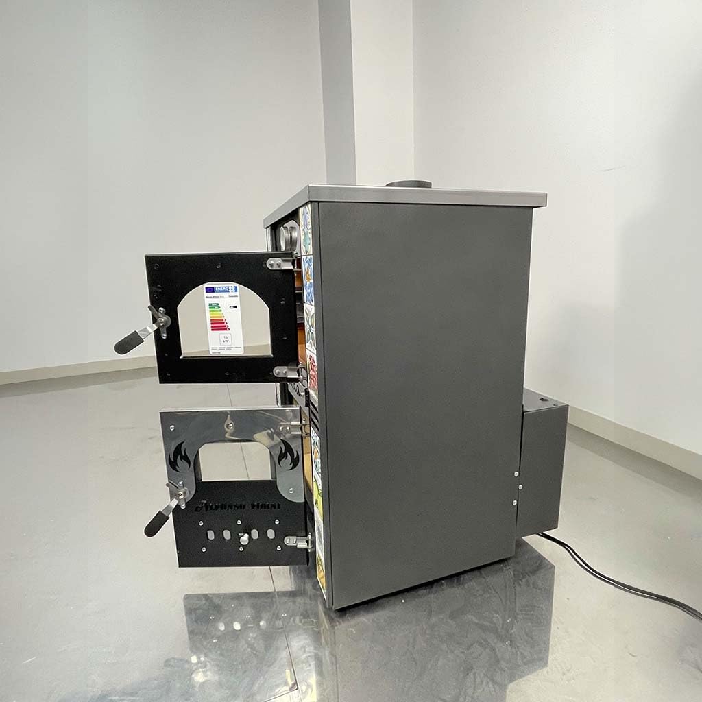 Stufa a Legna Termo ventilata con Forno - Esmeralda Maioliche di Caltagirone - Potenza Riscaldamento 25 Kw, Stufa A Legna Economica in Acciaio Verniciato Antracite, Forno in Mattoni Refrattari