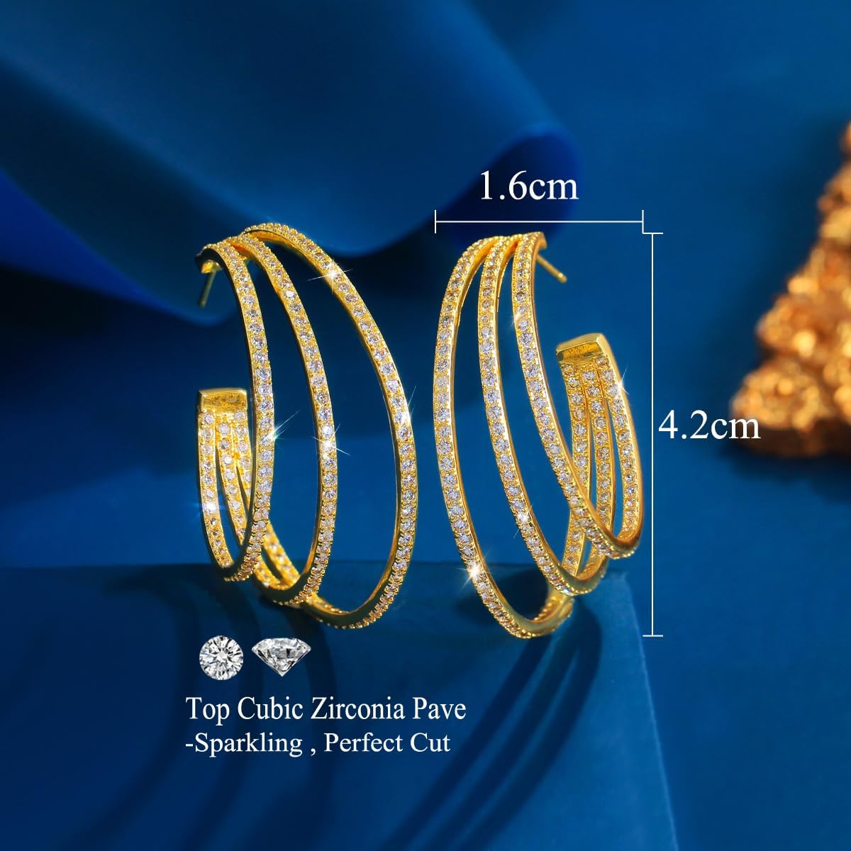 Triple Row Cubic Zirconia Big Round Hoop Earrings, Luxury Statement Dangle Jewelry for Women Wedding Party - Image 5