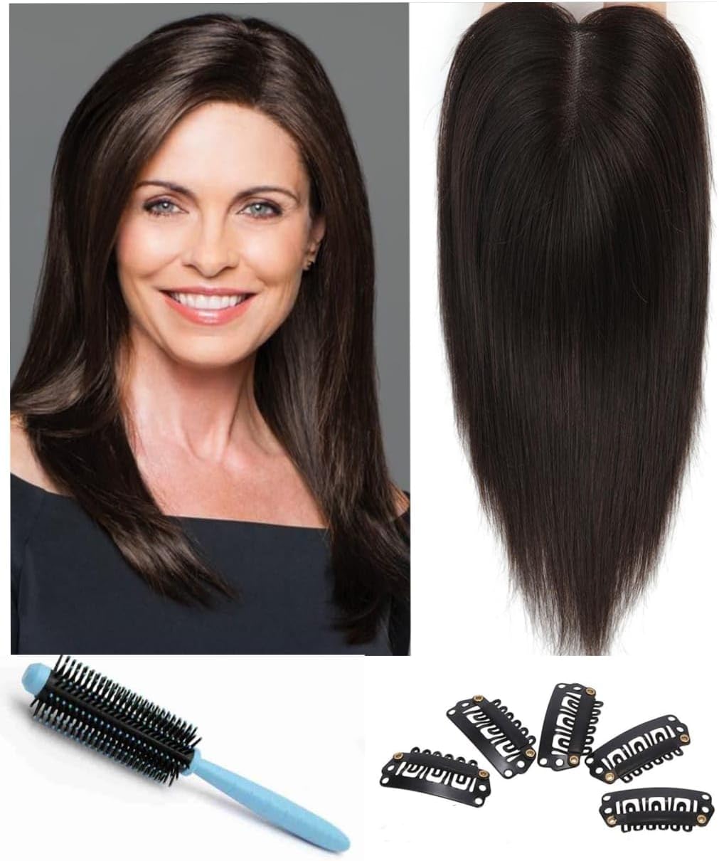 Women's Synthetic Middle Part Hair Topper/Hair Wig 3.5" x 4" Silk Base 4 Clip in Straight for Thinning Hair,16 Inches Long, Black Color+ 05 Snap Clips + 01 Hair Brush