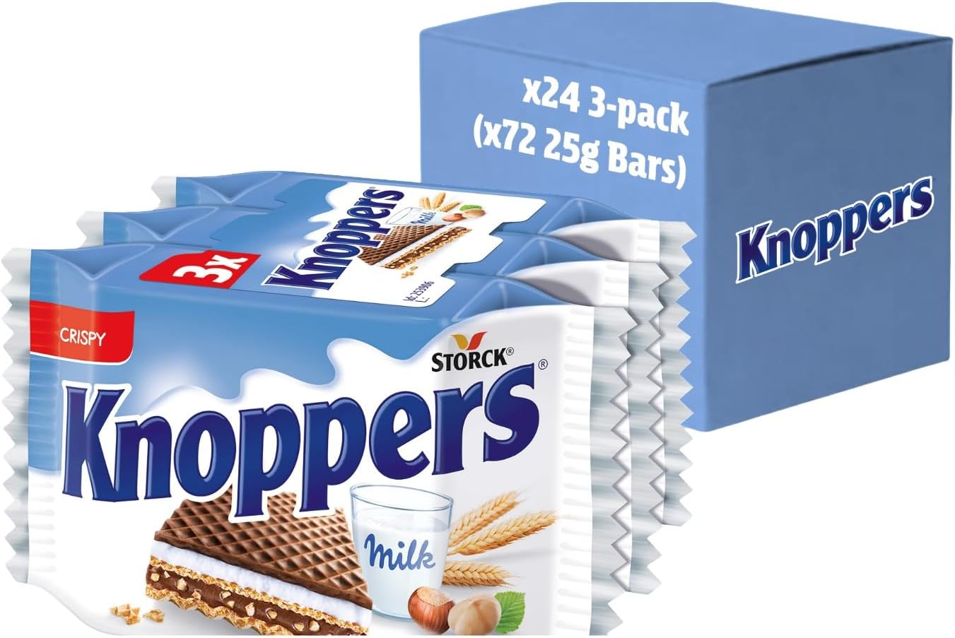 Knoppers Chocolate Hazelnut Wafers Triple Pack, Family-Sized Treats with Extra Indulgence, 25 g Packs, 3 Boxes of 24 (Total 72 Wafers)