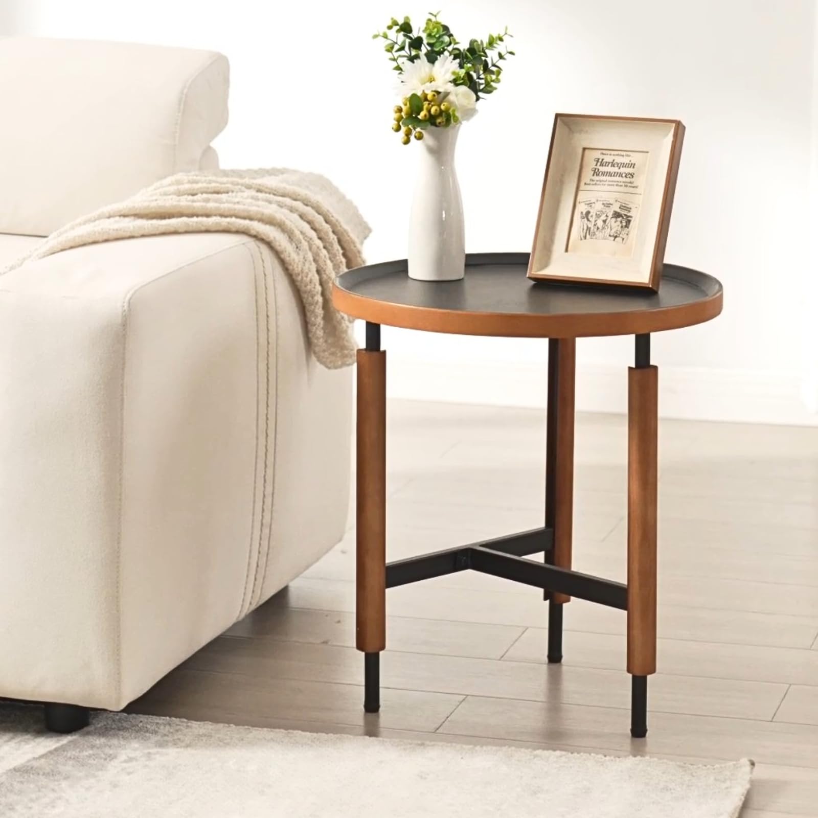 LukeAlon Modern Round Side Table for Living Room - Circle Wooden Table Top with Black Cross Legs Base, Rustic, Vintage, Easy Assembly, Black (19" D x