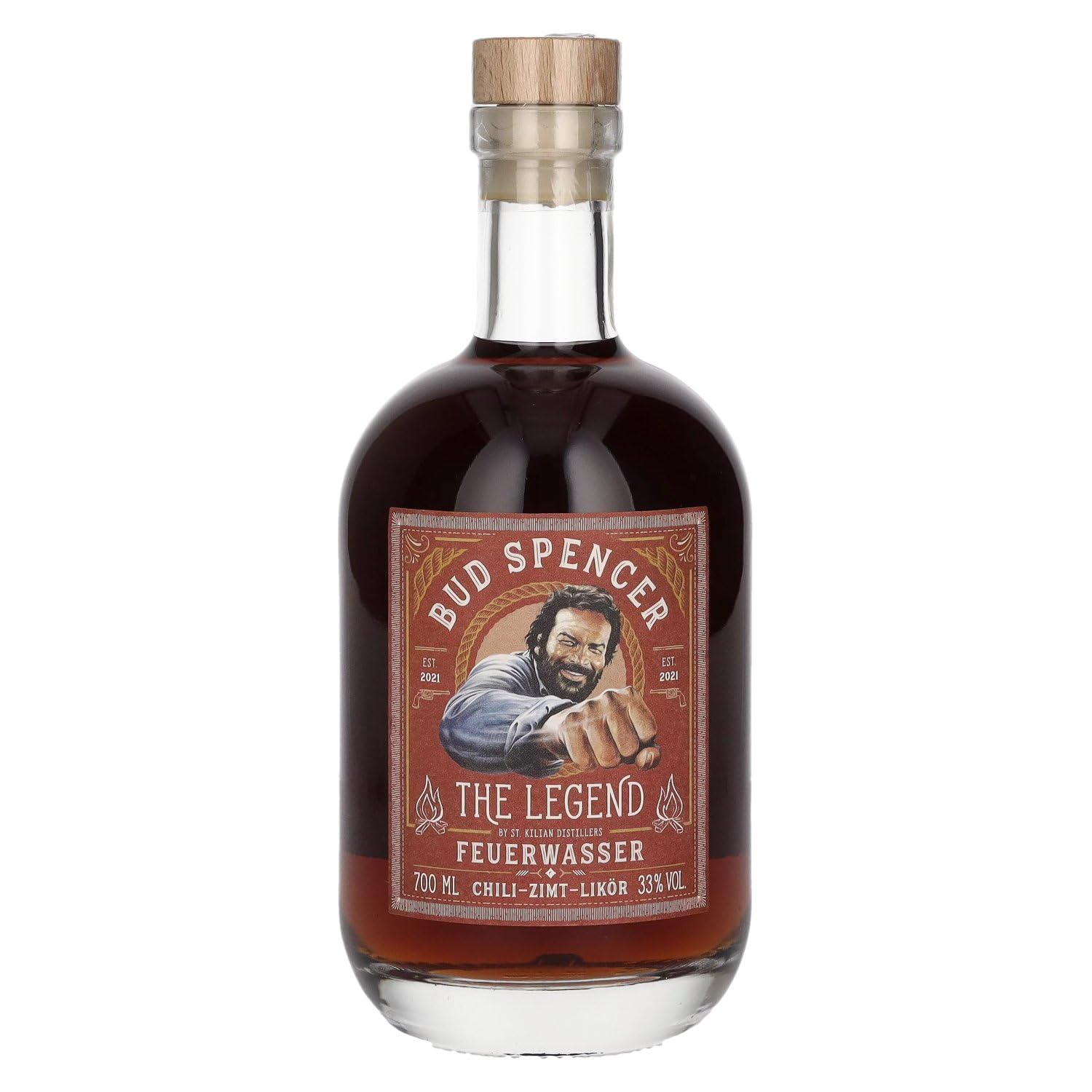 Bud Spencer Zimtlikör Chilli - FEUERWASSER - [33% Vol, 0,7l] Deutscher Zimt Likör - Terence Hill Fanartikel - Geschenk für Männer - Bud Spencer und Terence Hill Fanartikel - Liköre von St. Kilian
